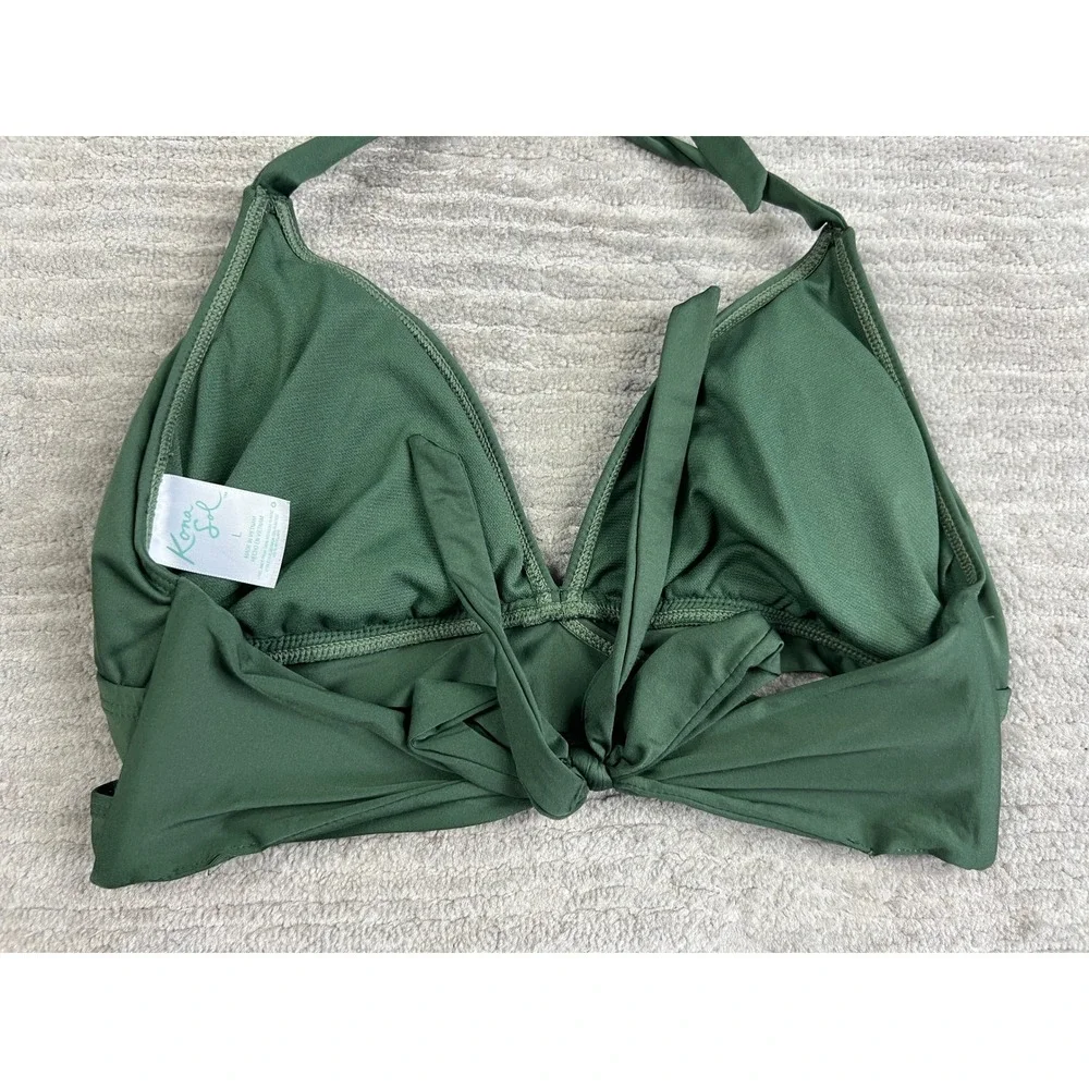 Kona Sol Bikini Top Womens L Olive‎ Green Halter Wrap Front Solid Swimwear